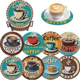 8 Pcs 5D DIY Coffee Diamond Paintings Coasters with Holder for Adults Beginners, Round Full Drill Diamond Art Craft Supplies(Coffee Cup QLBD-10)