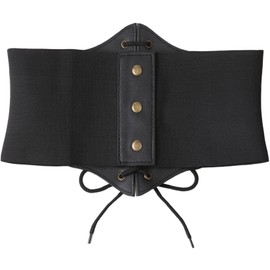 Hoerev Women Girls Elastic Wide Band Elastic Tied Waspie Corset Waist Belt，Black with copper button，XS