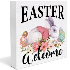 Easter Decor Bunny Wooden Sign, Easter Decorations for the Home, Rustic Wooden Plaque Block Sign Home Decor 5 x 5 Inches
