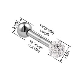 KJM Fashion Stainless Steel Barbell Stud Earrings 1.2 mm 16 Gauge Earrings Pack of 2, Crystal