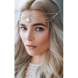 Jumwrit Layered Rhinestone Head Chain Bohemian Teardrop Headpiece Dainty Forehead Bridal Head Chain Wedding Hair Accessories for Women and Girls（Rose Gold）
