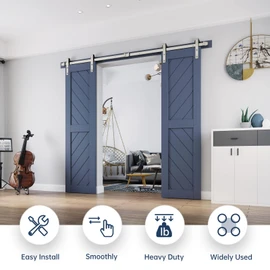 EaseLife 8 FT Brushed Nickel Double Sliding Barn Door Hardware Track Kit,Basic J Pulley,Heavy Duty,Slide Smoothly Quietly,Easy Install (8FT Track Kit for Double 24" Wide Door)