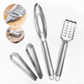 4 pieces stainless steel fish scale remover and stainless steel bone tongs tweezers (flat, slante), 2 x fish scaler remover and 2 x herringbone tongs, kitchen utensils for removing fish scales and