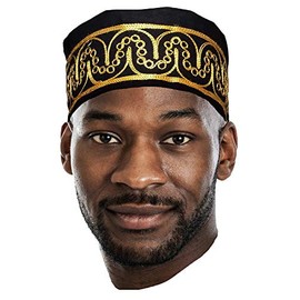 Dupsie's Adebo African Black Kufi Hat with Gold Embroidery Size 7 5/8 (24 Inches) (XL)