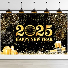 New Year's Eve Decoration 2025 Happy New Year Banner, New Year Background Banner, Black Gold, Extra Large Fabric New Year's Eve Banner, Decoration New Year's Eve Party for New Year, Indoor and Outdoor