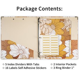 Vienrose 3 Ring Binder 1 inch Rings, Cute Binder with Clipboard for Letter Size Paper, with Tab Dividers and File Folder Labels for School Office and Work, Orange Floral