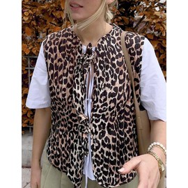 Yimoon Women's Leopard Print Tie Front Vest Top Lightweight Quilted Puffer Vest Y2k Sleeveless Padded Gilet(Leopard-L)
