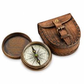 Antiqued Brass Poem Compass with Brown Leather Case Free Rustic Vintage Home Decor Gifts