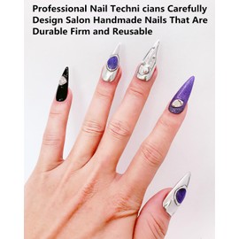 CAMILCY Press on Nails Handmade Nails Luxury Reusable Fake Nails For Girls long Almond Armor Tip Purple Silver Diamonds HandPainted Salon Loveful Design Acrylic GelUV Finished 3D Nails10PCS (A63, M)