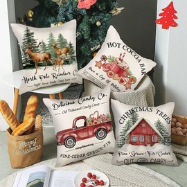 Christmas Throw Pillow Covers Set of 4, 18 x18 Inch Linen Christmas Pillows, Christmas Trees Red Truck Deer, with Hidden Zipper, for Couch Courtyard Car Winter Holiday Decor Gift