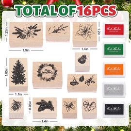 JarThenaAMCS 16 Pcs Merry Christmas Wooden Rubber Stamps with Craft Ink Pads Xmas Tree Holly Berry Flower DIY Craft Stamps for Winter Party Decor Scrapbooking Cards Making