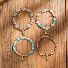 LIU JUN 4Pcs Set Starfish Bracelets For Women, Crystal Stone Star Pendant Stretch Bracelet Beaded Stackable Gold Starfish Charm Jewelry Boho Summer Beach Gifts (Colorful)