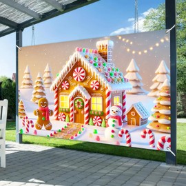 BlissYard Christmas Gingerbread House Banner 71x43 Inch Snowman Backdrop Candy Wonderland Gingerbread Man Holiday Party Decorations Large Polyester Fabric Wall Art Banner Backdrop