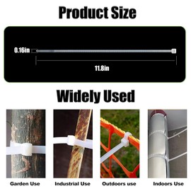 100 PCS White Plastic Cable Ties, 300mm x 3.6mm Nylon Zip Ties, 12" Heavy Duty Cable Ties, 12 inch/30 cm Long Zip Tie Wraps, Wraps Long White Cable Ties for Home, Garden, Office and Cable Managment