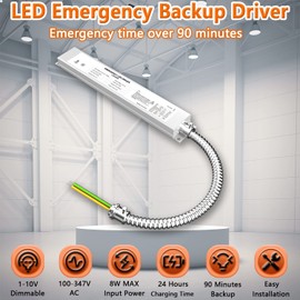 20W LED Emergency Backup Driver, Rechargeable Emergency Backup Battery 100-347V AC 175V DC Emergency Time Over 90 Mins, UL Listed Dimmable Emergency LED Driver for Panel Light, Linear Light (1 Pack)