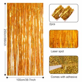 2pcs 3.2 x 8.3ft Glitter Gold Tinsel Curtain Foil Curtain Decorations Metallic Tinsel Door Hanging Foil Flow Silk Streamers Photo Backdrop Decoration for Christmas Graduation Newyears Wall Streamers