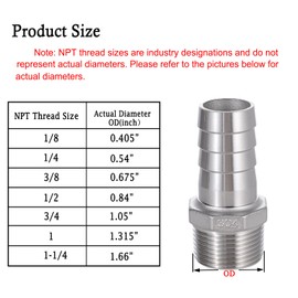 304 Stainless Steel Hose Barb Fitting, 1" Barb to 3/4" NPT Male Thread, Barbed Hose Fittings for Air Water Fuel, 2 Pack