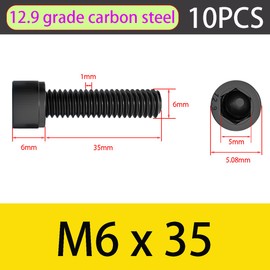 Qrity Pack of 10 M6 x 35 mm screws, cylinder screws with hexagon socket, carbon steel screws, hexagon socket screws, full thread