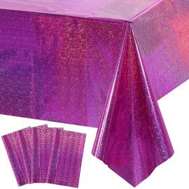 Xinfin Iridescent Party Tablecloths, Colorful Plastic Table Covers, Shiny Holographic Foil Table Cloth for Party Wedding Birthday Christmas Decorations, Party Supplies (4PCS, Pink Purple)
