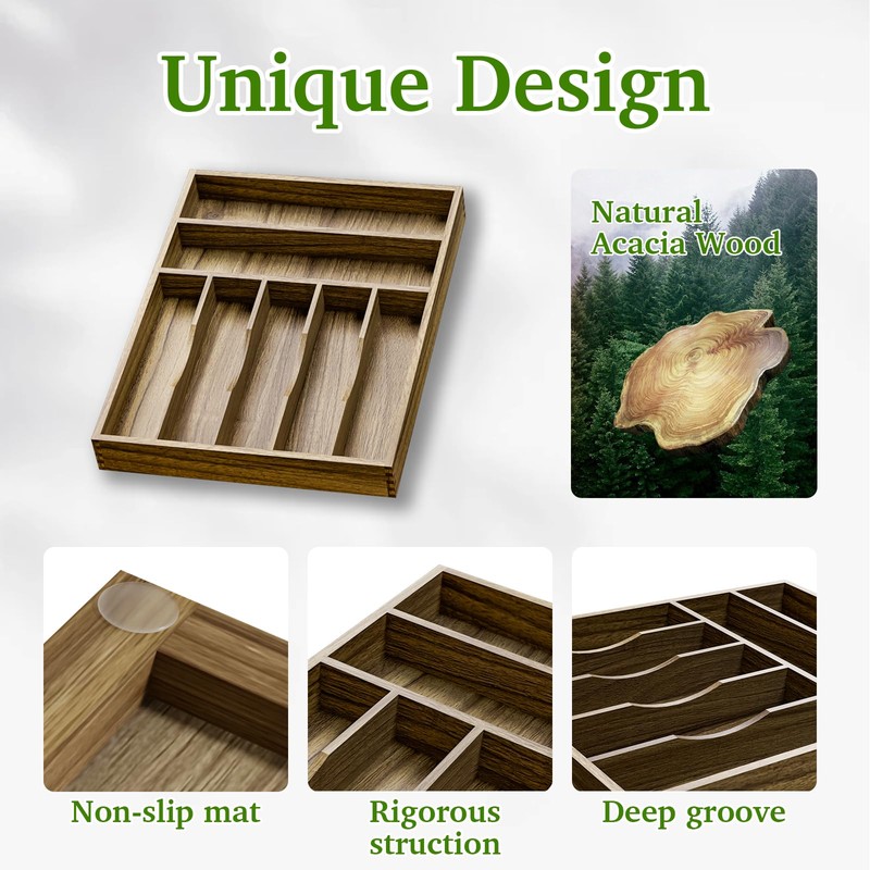 Kiasthome Acacia Wood Silverware Drawer Organizer, Kitchen Utensil Cutlery Drawer
