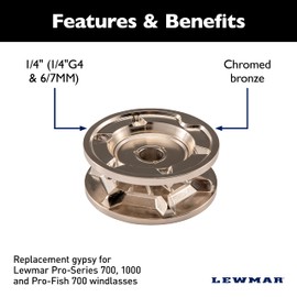 Lewmar Replacement Gypsy RC 1/4" (1/4" G4, 6/7 mm) with Chromed Bronze Construction for Pro-Series 700/1000, Pro-Fish 700 Windlasses - 2020201015