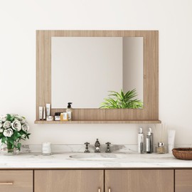CHARMAID Bathroom Mirror with Shelf - 24" x 18" Wall Mirror Over Bathroom Sink, Wood Frame Vanity Makeup Mirror Wall Mounted, Rectangle Hanging Mirror for Washroom Entryway (Light Brown, 24" x 18")