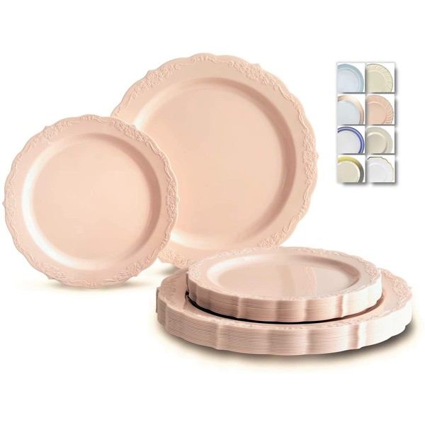 " OCCASIONS " 50 Plates Pack (25 Guests)-Vintage Wedding Party Disposable Plastic Plate Set -25 x 10'' Dinner + 25 x 7.5'' Salad/Dessert plates (Verona Blush Pink/Antique Rose)