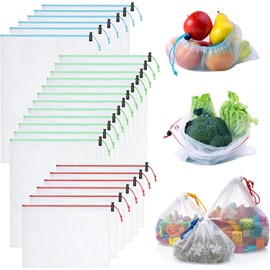 24 PCS bolsas reutilizables de malla para frutas y verduras, Bolsas de Tela Malla, bolsas para supermercado gran, transpirable y lavables, Almacenamiento frutas, vegetales y juguete