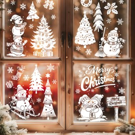 Tanlaby White Christmas Window Stickers, Snowman Christmas Tree Snowflake Window Clings Decals for Xmas Decorations Home Decor Party Supplies