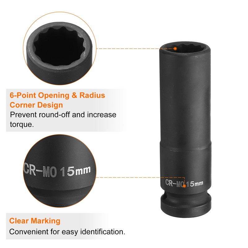 sourcing map 12-Point Deep Impact Socket 1/2 Inch Drive 15mm