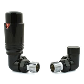 Hot Flow Full Black Estuary Corner TRV Thermostatic Radiator Valve (Pair) Includes Corner TRV Body, Wheel Head & Lock Shield for Quick & Easy Temperature Control. Perfect for Energy Saving.