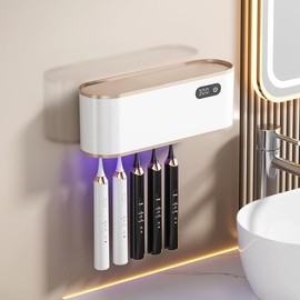 UV Toothbrush Sanitizer Holder for 4 | Wall Mounted Toothbrush Holder for Bathroom with Fan Drying | USB Rechargeable Toothbrush Cleaner & Sterilizer, No Drill Install, Modern Design (White)