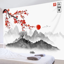 LB Japanese Wall Towel Red Cherry Blossom and Sun Wall Hanging Grey Black Mountain Tapestry for Living Room Bedroom Dorm Wall Decoration 200 x 150 cm