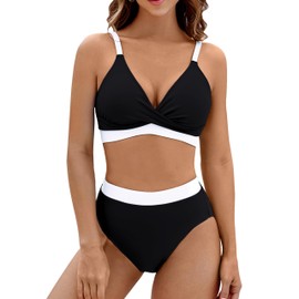 MAIABLEAU Womens Bikini Sets Color Block Crop Top Bathing Suits Tummy Control Two Piece Swimsuits Black L