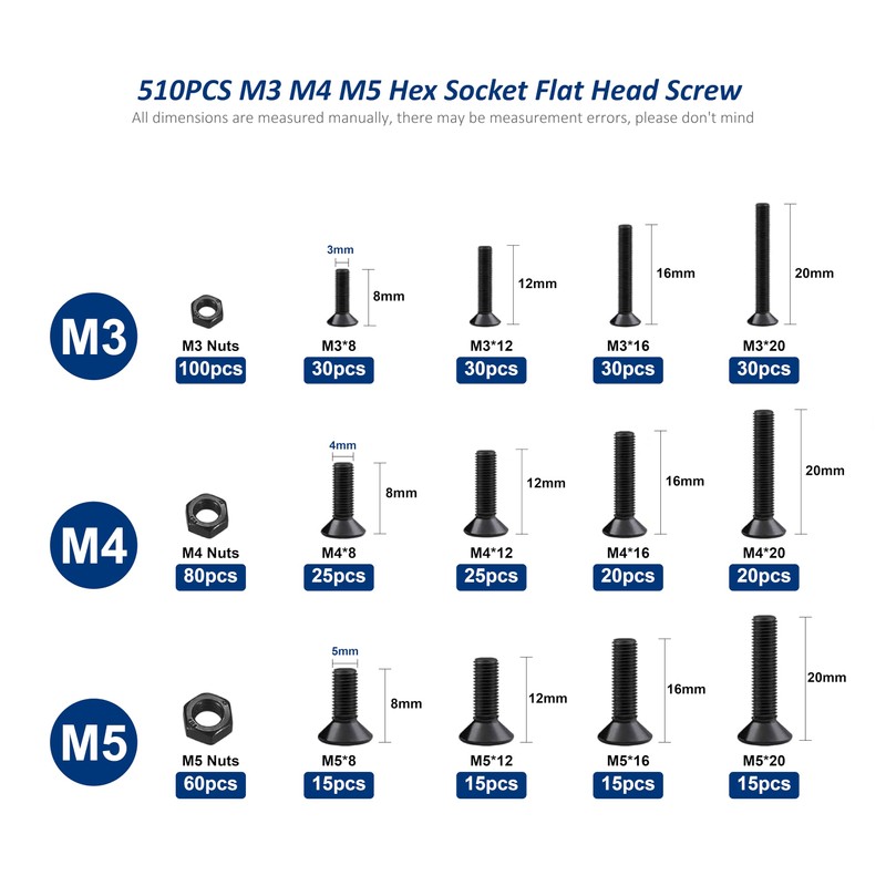 FullFun 510PCS M3 M4 M5 Hex Socket Flat Head Screw