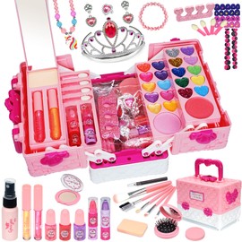 Amerrly Children's Make-Up Set Girls Vanity Case Girls - 57 Pieces Washable and Safe Children's Make-Up Set Girls, Princess Girls Toy 4-12, Party Birthday Christmas Gifts for Girls