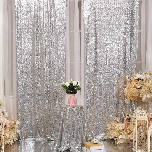 Poise3EHome 2Pcs 3Ft x 8Ft Silver Sequin Backdrop Curtain, Glitter