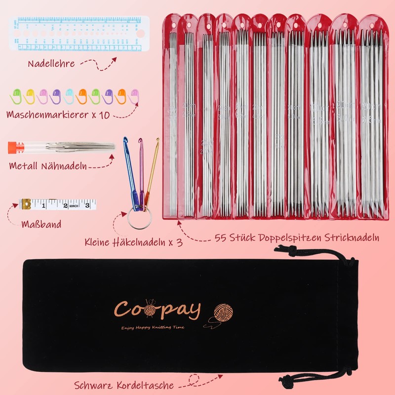 Coopay Knitting Needles Set, 55 Pieces Stainless Steel Double Pointed