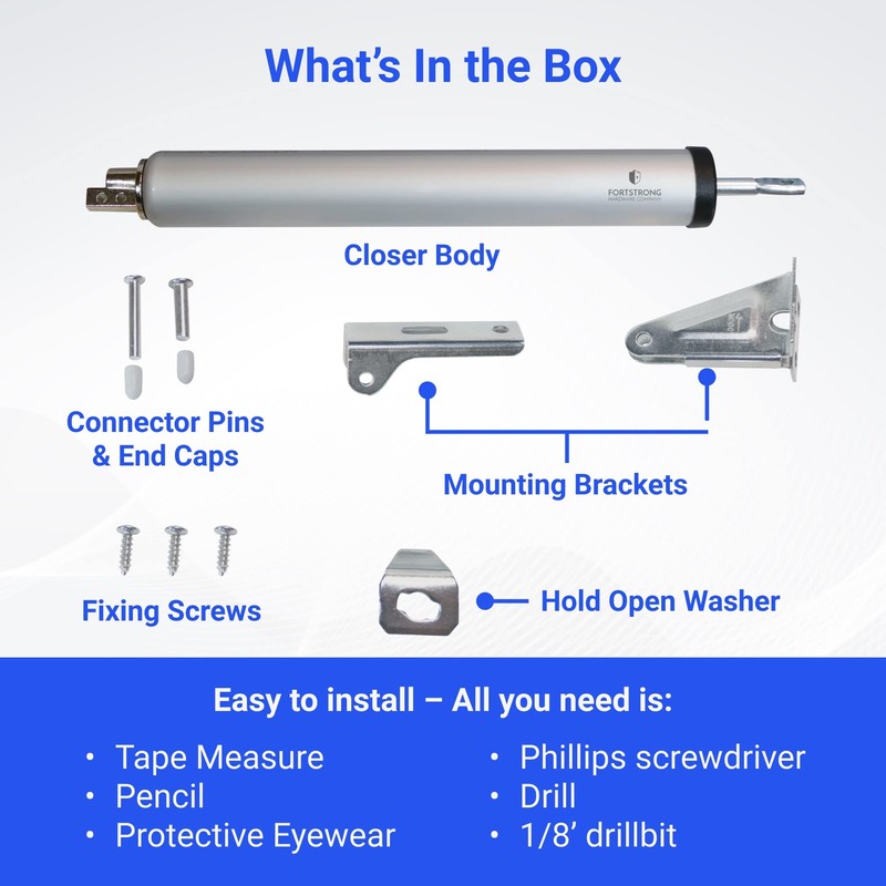 FORTSTRONG Silver Pneumatic Screen Door Closer, Hold Open | Storm