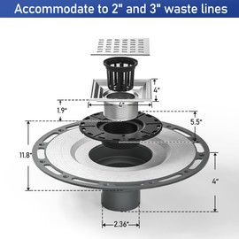 Bernkot Square Shower Drain, 4" Brushed 304 Stainless Steel Drain Grate Removable Drain Key with PVC Bonding Flange Base for Low Profile Shower Floor Tiles, CUPC Certified