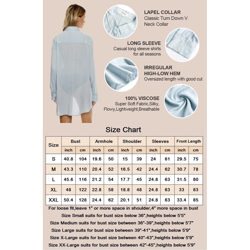 TOUSYEA Sleep Shirts for Women Button Down Shirts Long Sleeve