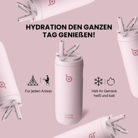 Stainless Steel Drinking Bottle with Straw 500 ml, Leak-Proof Sports Water Bottle, Ideal for School, Office, Hiking and Excursions, BPA-Free (Pink)