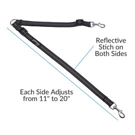 Prima Pets Reflective Adjustable Double Dog Coupler - Each Side Adjusts 11" to 20" in Length - Walk 2 Dogs with Ease (Medium - 3/4" Width, Black)