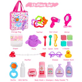 GAGAKU Baby Doll Accessories Bag - 23 Pcs Pretend Play Set with Feeding Bottle, Bathing & Changing Supplies, Storage Bag Included for Toddlers & Girls (3-6+ Years)