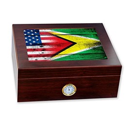 ExpressItBest Premium Desktop Humidor - Glass Top - Flag of Guyana (Guyanese) - Wood with USA Flag - Cedar lined with humidifier & front mounted hygrometer.