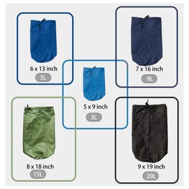 Frelaxy Stuff Sack Set 5-Pack (3L&5L&9L&15L&20L), Ultralight Ditty Bags with Dust Flap for Traveling Hiking Backpacking (Sky Blue&Blue&Navy&Army Green&Black)