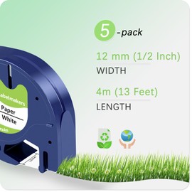 UNOKA Label Tape Replace for Dymo Label Maker Refills Letratag, 1/2" x 13ft(12mm x 4m), White Paper 91330 10697 for Dyno Dynamo Letra Tag LT-100H LT-100T 200B Printer, 5 Pack