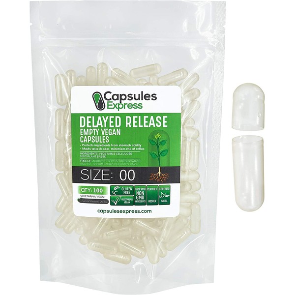Capsules Express- Delayed Release Size 00 Empty Vegan Capsules Kosher and Halal - Vegetarian/Vegetable Pill Capsule - DIY Powder Filling (100)