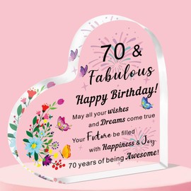 QMVMV 70th Birthday Gifts for Women, Happy 70 and Fabulous Birthday Ideas Heart Acrylic Plaque for Female Friends, Birthday 70 Years Old Presents Ornaments for Her