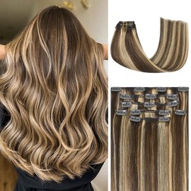 Honsoo Clip In Hair Extensions Real Human Hair Chocolate Brown To Caramel Blonde 12in 70g 7pcs Soft Hair